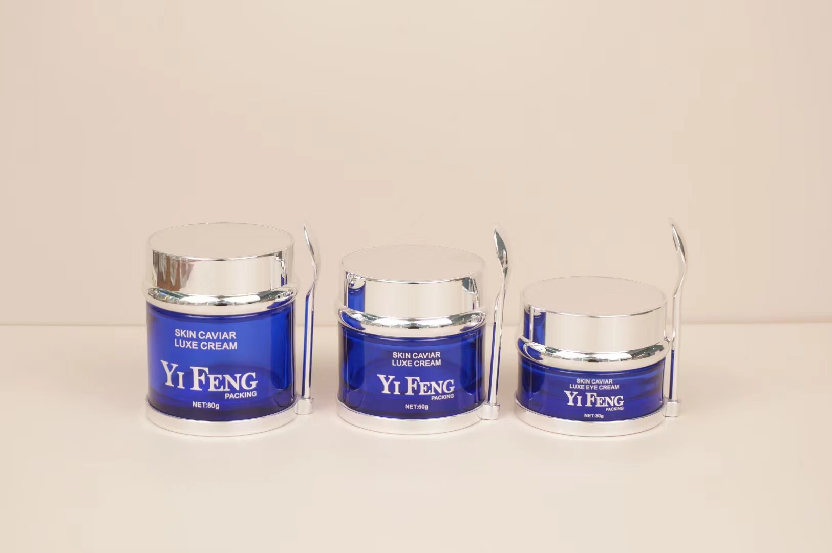 Blue Glass Cosmetic Container 1oz 50g Round Cream Jar with Spoon