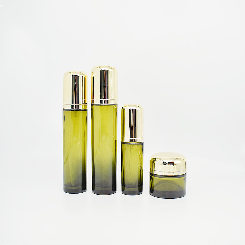 Cosmetic packaging 120ml pump green glass bottle and jar