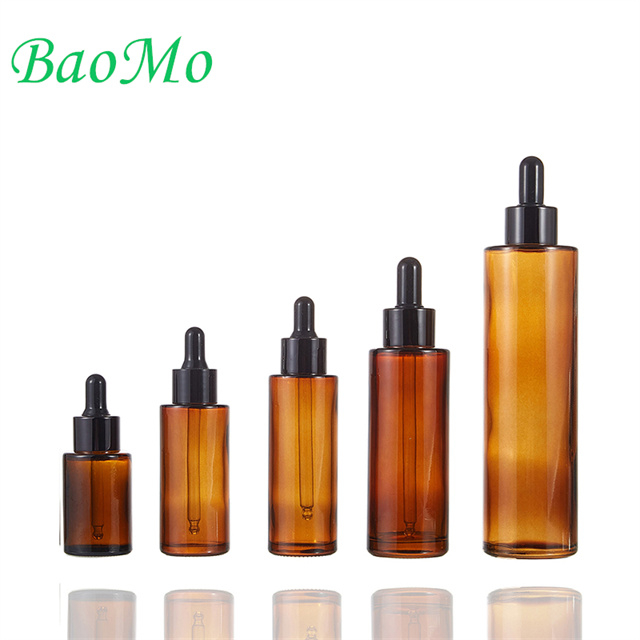 Luxury empty serum amber packaging 30ml 40ml 60ml 100ml 200ml shoulder glass bottle with black plastic dropper