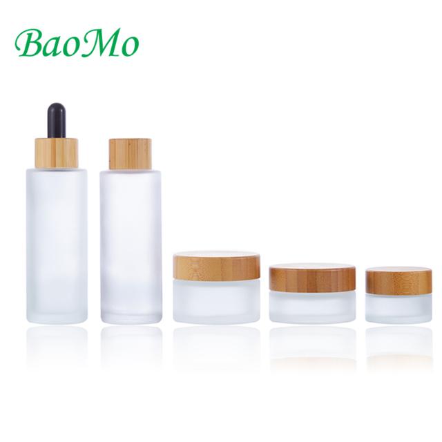 wooden wood grain empty cosmetic packaging clear frosted 20g 30g 50g glass bottle and jars with wooden lid